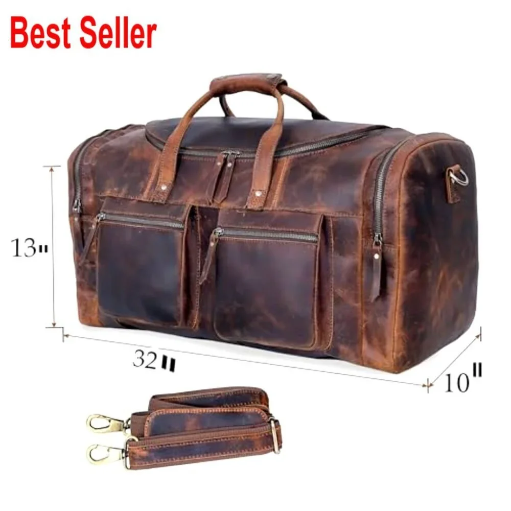 Full Grain Leather Duffel Bag with YKK Zippers, 32 Inch Travel Bag